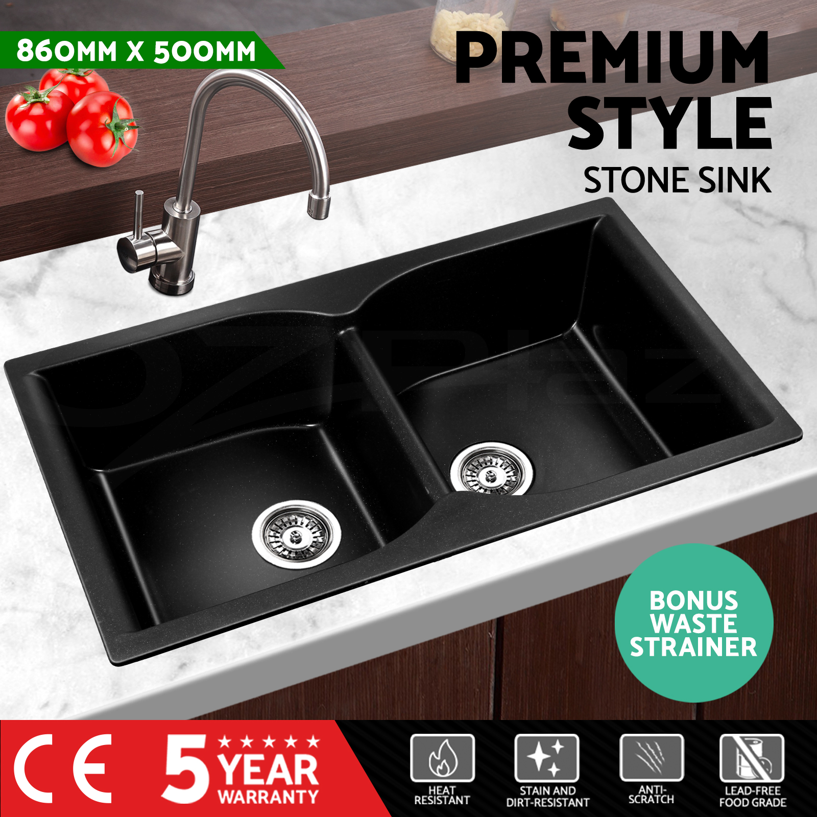 Details About Cefito Kitchen Sink Stone Granite Black Top Undermount Double Bowl 860x500mm