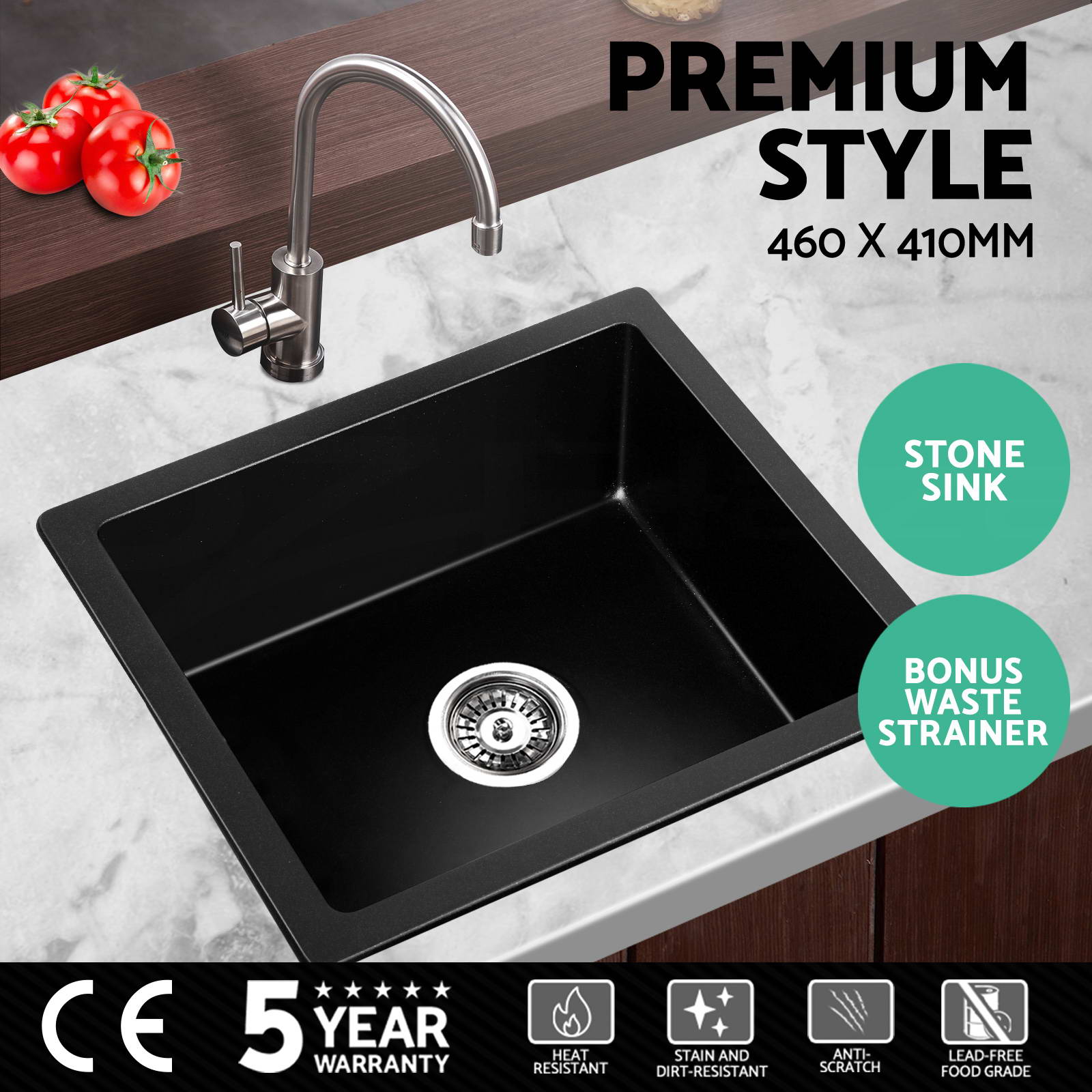Black Granite Kitchen Sink Top Mount Single Bowl With Waste Picture 13 Of 24