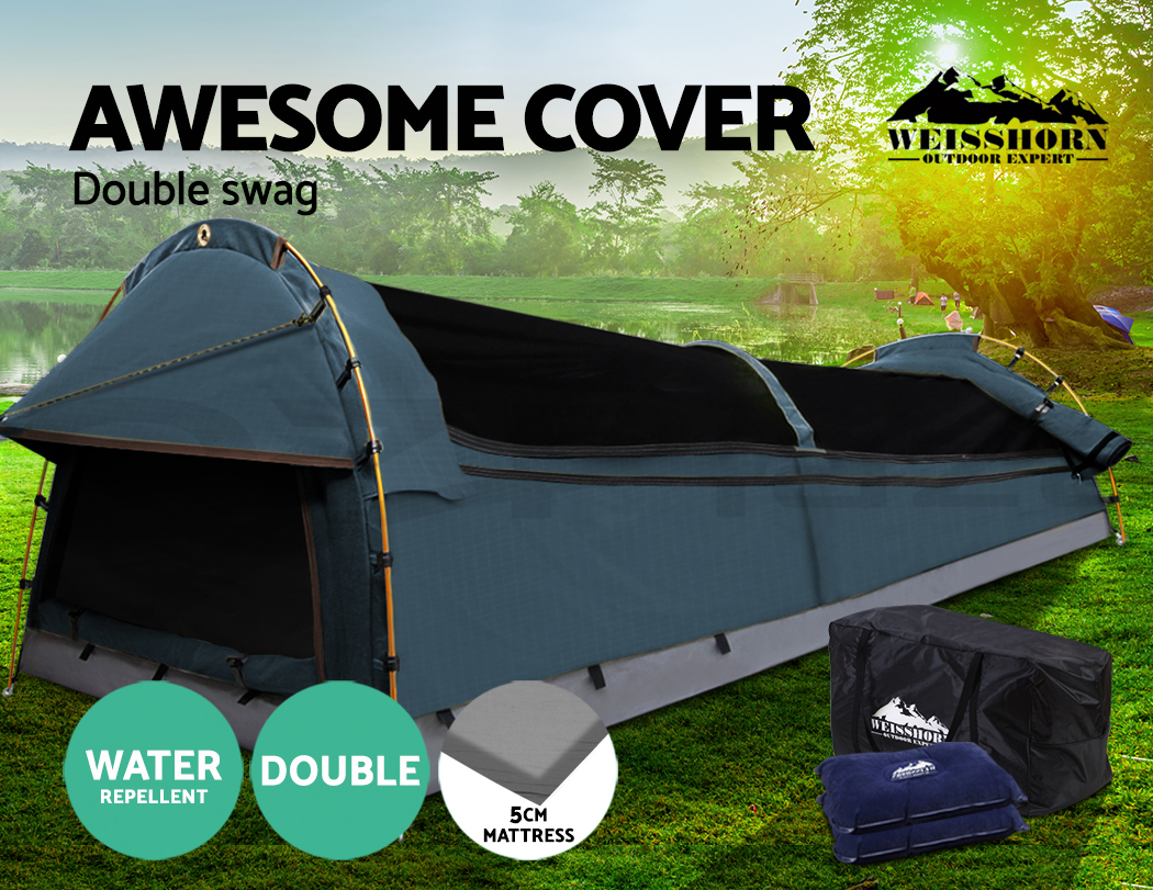 Weisshorn Double Canvas Swag Camping Swags Tent Deluxe Aluminum Poles
