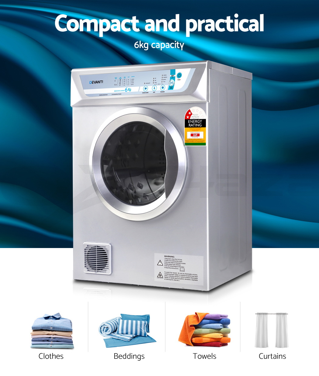 Devanti 6kg Clothes Tumble Dryer Air Vented Wall Mount Front Load Anti