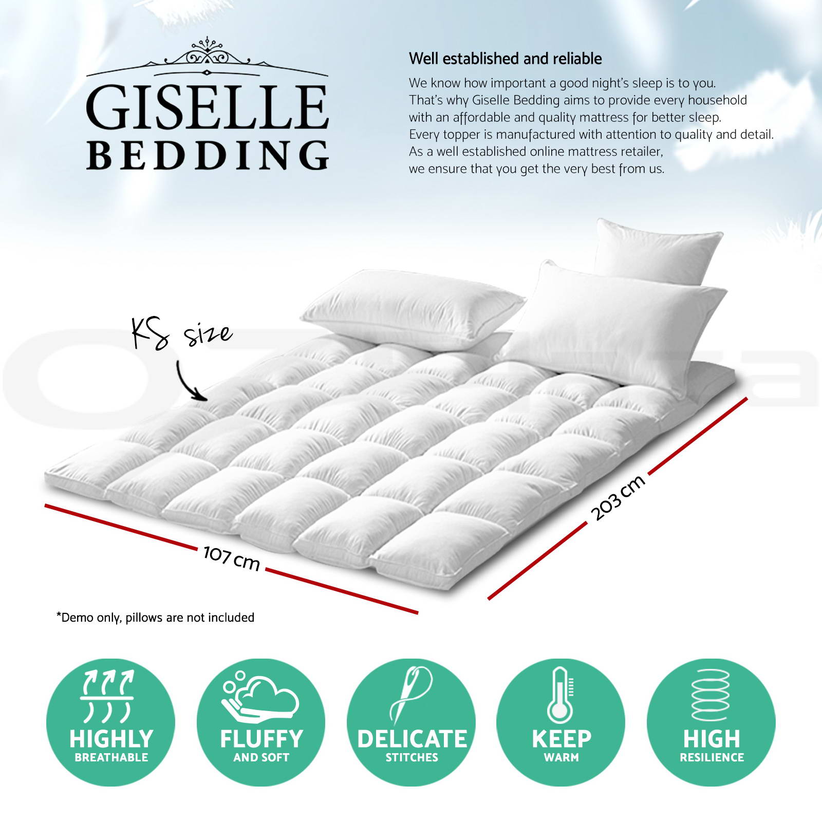 Giselle Bedding 1000gsm Pillowtop Mattress Topper Duck Feather